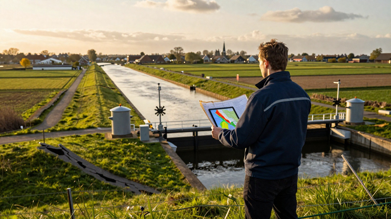 Homem de fato azul consulta mapa junto a canal de água em zona rural ao pôr do sol.