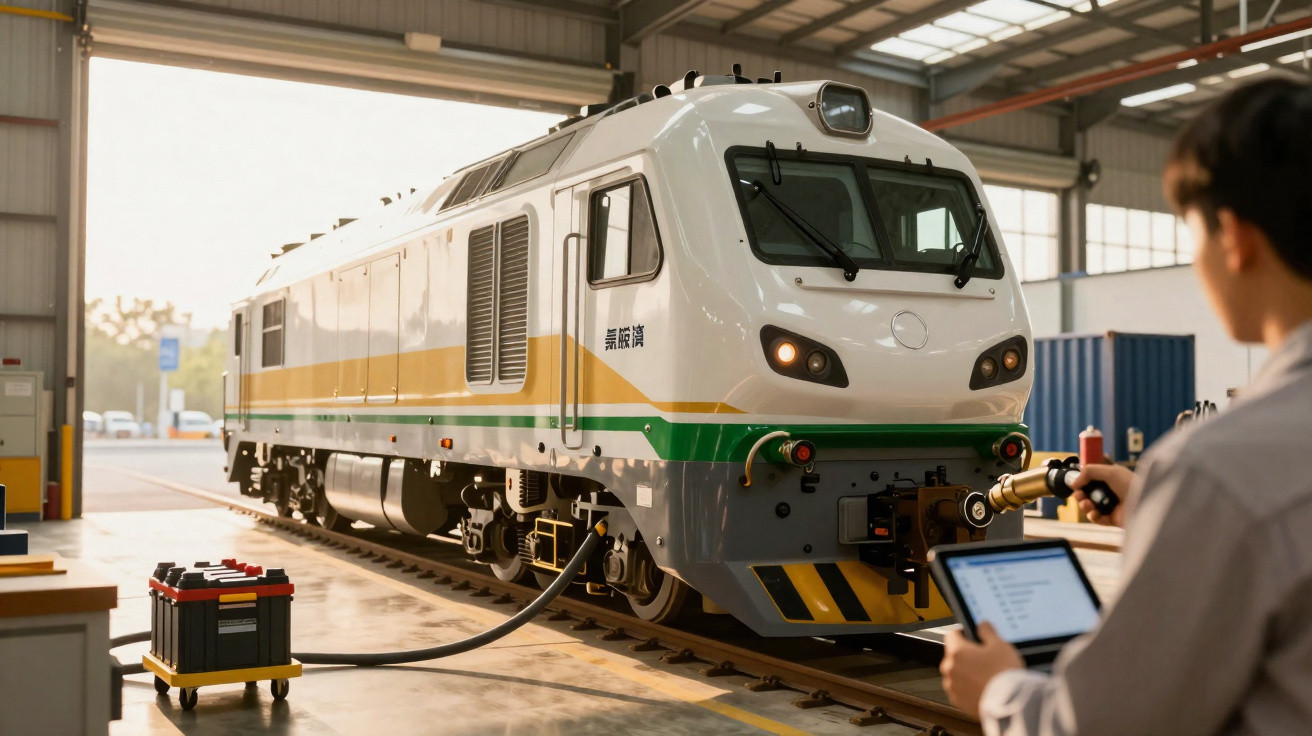 Comboio elétrico dentro de uma oficina, ligado a equipamento de carregamento, enquanto um técnico monitora com um tablet.