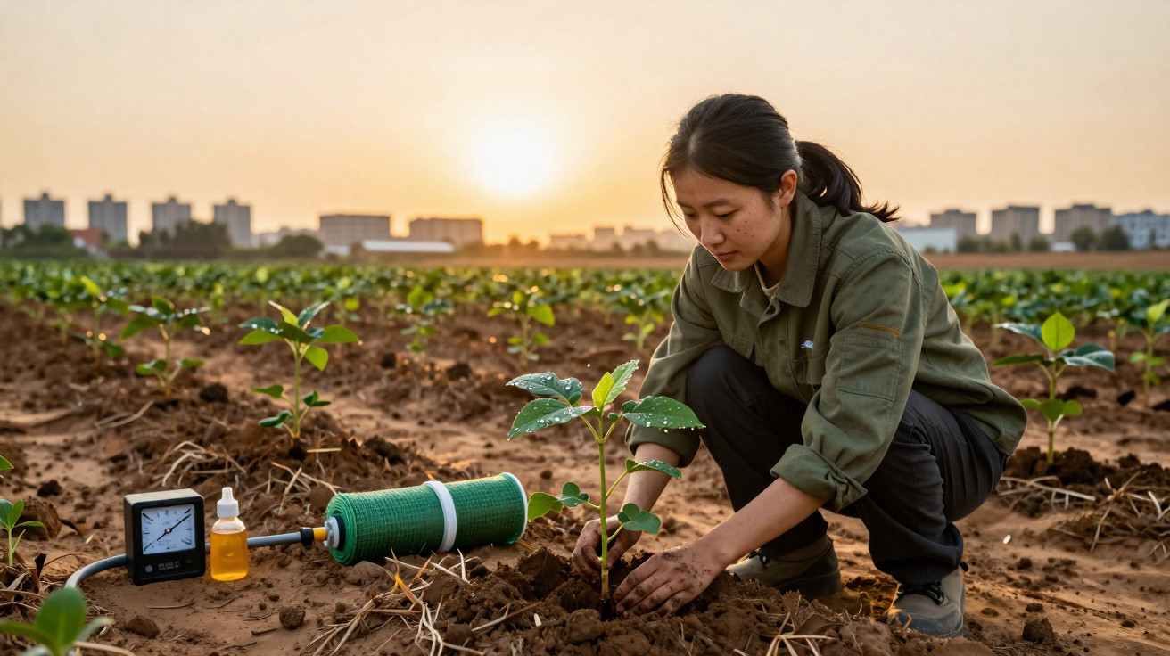 Mulher a plantar uma árvore jovem num campo ao pôr do sol com equipamento de medição ao lado.