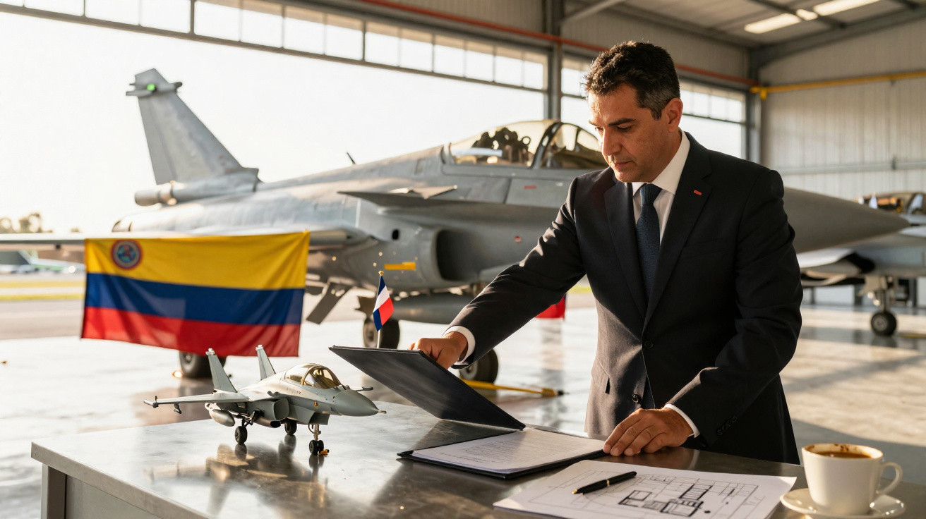 Homem de fato negro examina documentos numa mesa com maquete de avião militar em hangar com caça ao fundo.