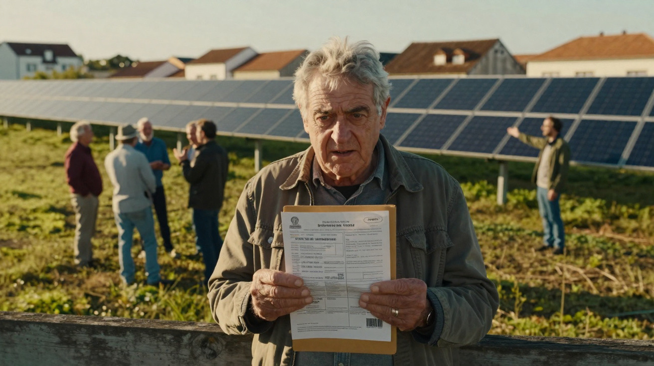 Homem idoso mostra documento em frente a painéis solares em campo, com grupo de pessoas ao fundo.
