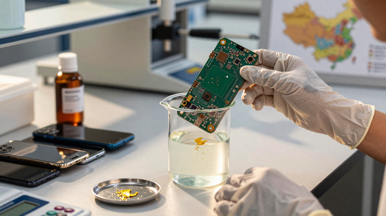 Pessoa com luvas a mergulhar placa eletrónica em béquer com líquido transparente num laboratório.