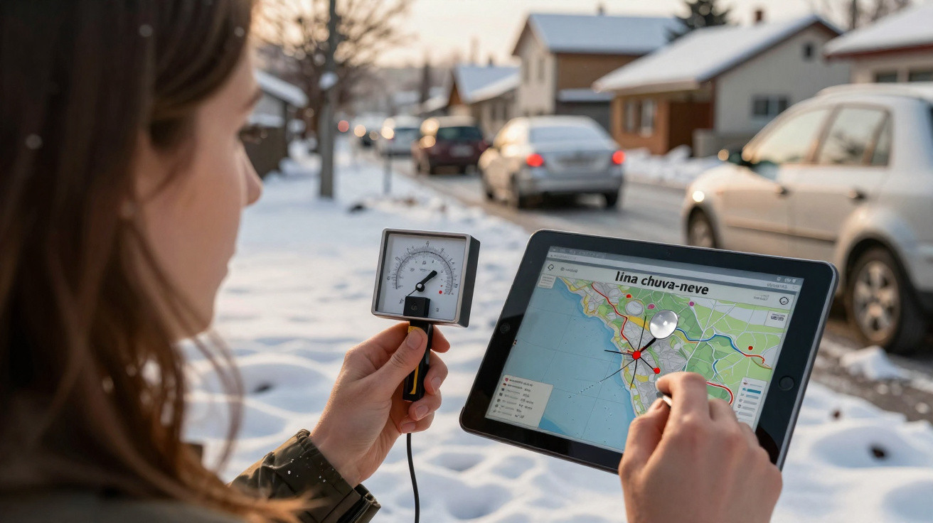 Pessoa a usar um medidor e uma tablet com mapa com neve numa rua residencial coberta de neve.