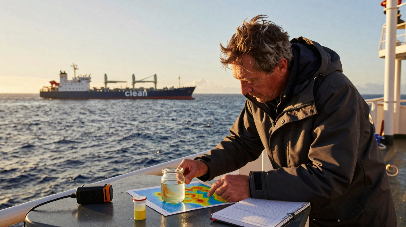 Homem a analisar amostra de água do mar num frasco a bordo de um barco, com navio ao fundo.