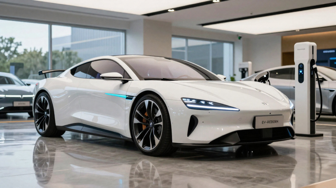 Carro desportivo elétrico branco a carregar numa estação de carregamento interior moderna.