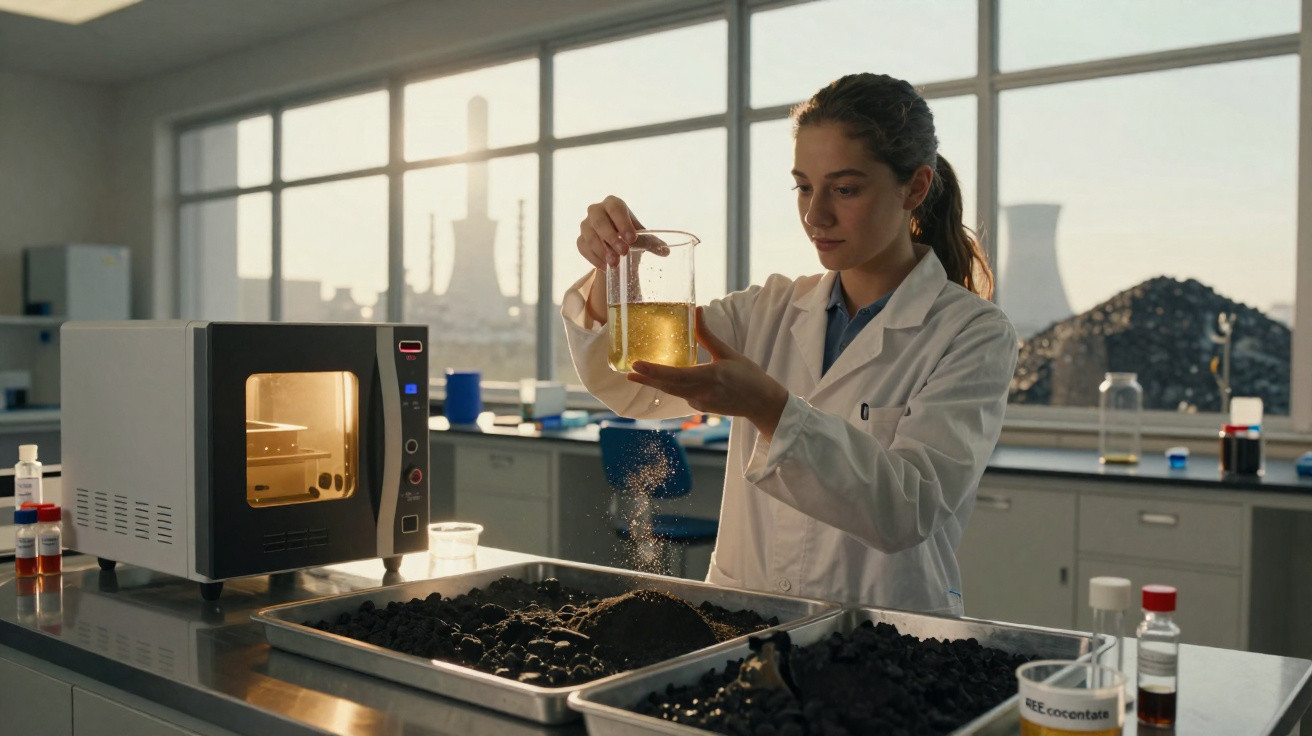 Mulher cientista analisa amostra de solo e líquido num laboratório com vista para fábrica industrial.