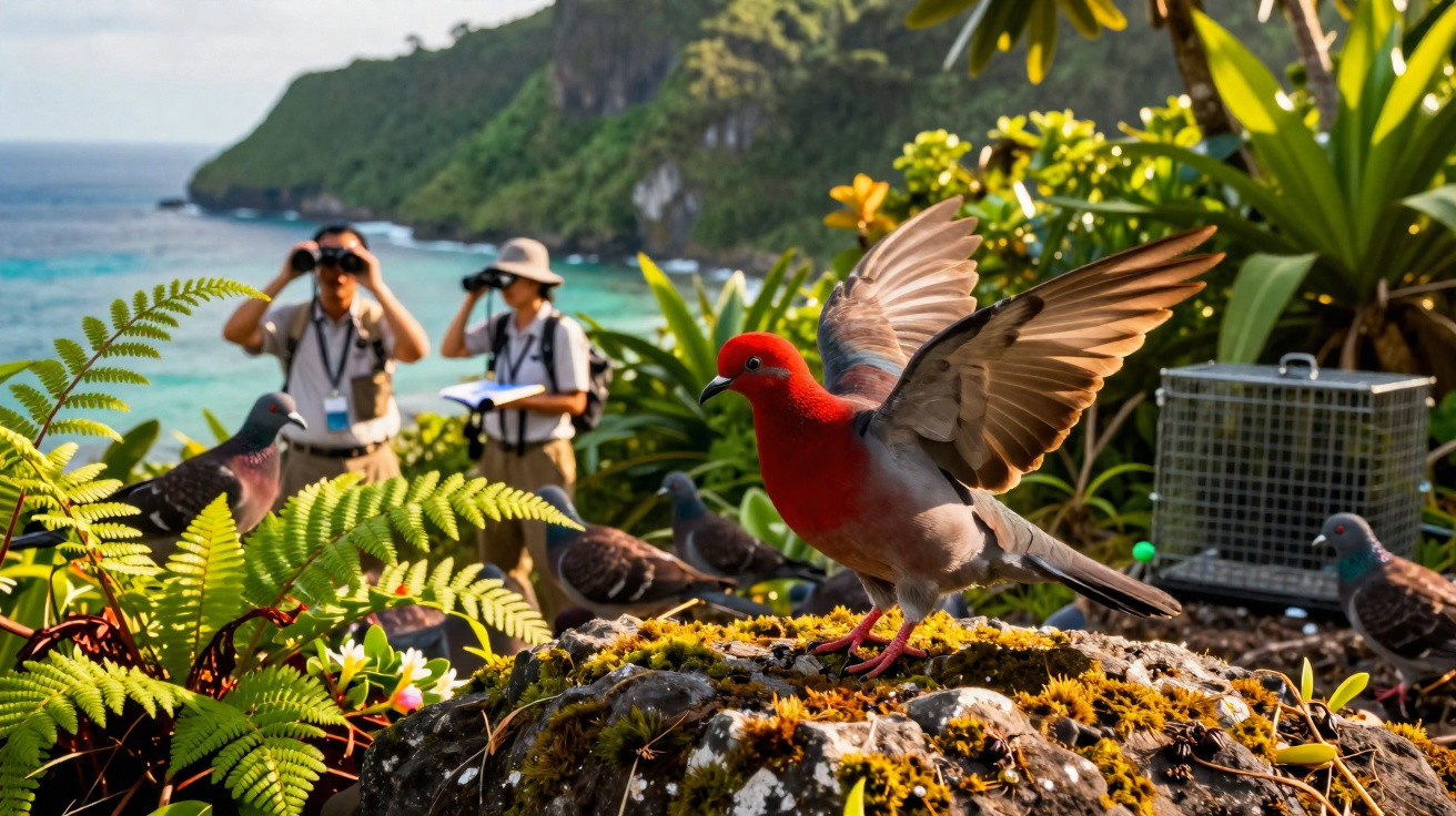 Pombo-diamante vermelho com asas abertas numa rocha, rodeado por aves e observadores com binóculos na natureza costeira.