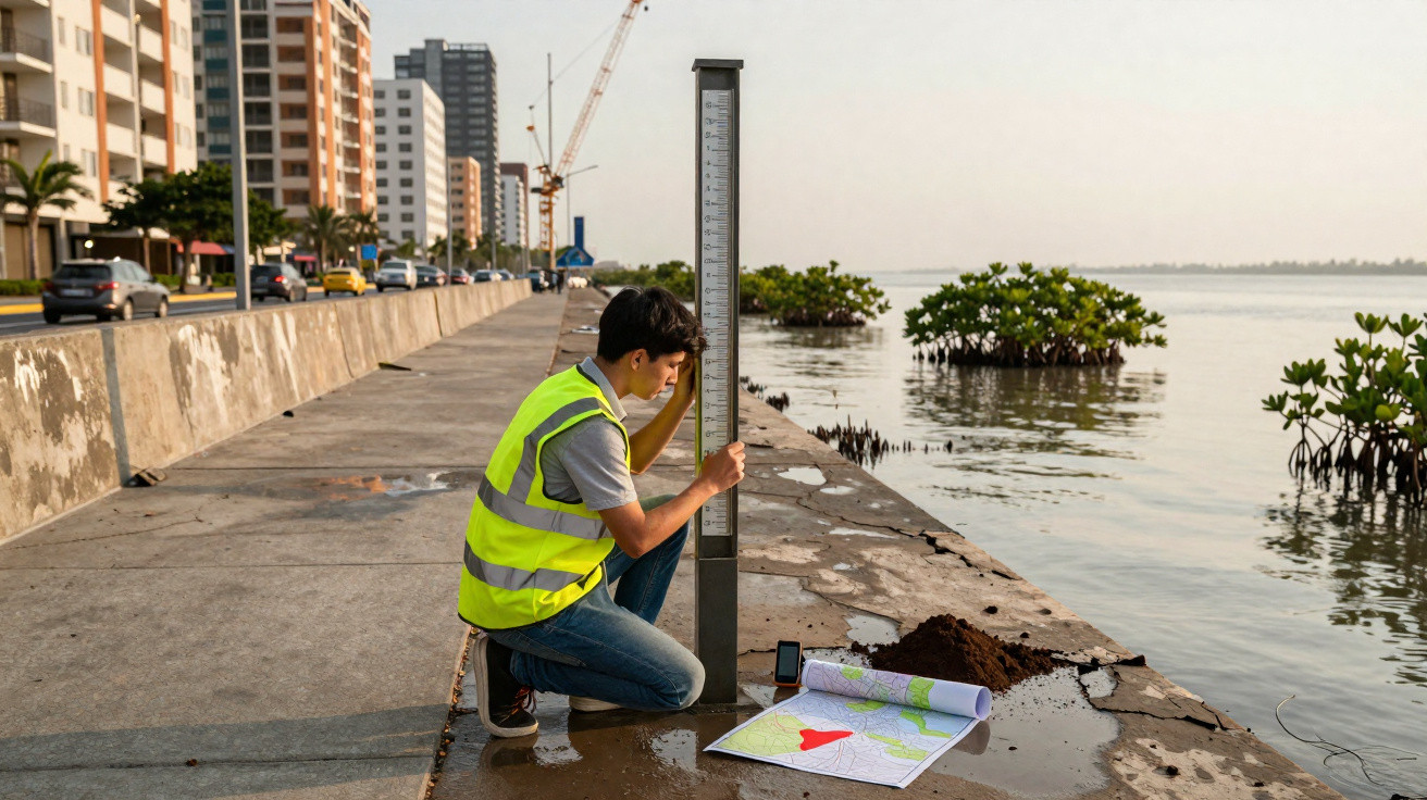 Homem com colete refletor mede nível da água perto de mapas à beira de um rio numa cidade.