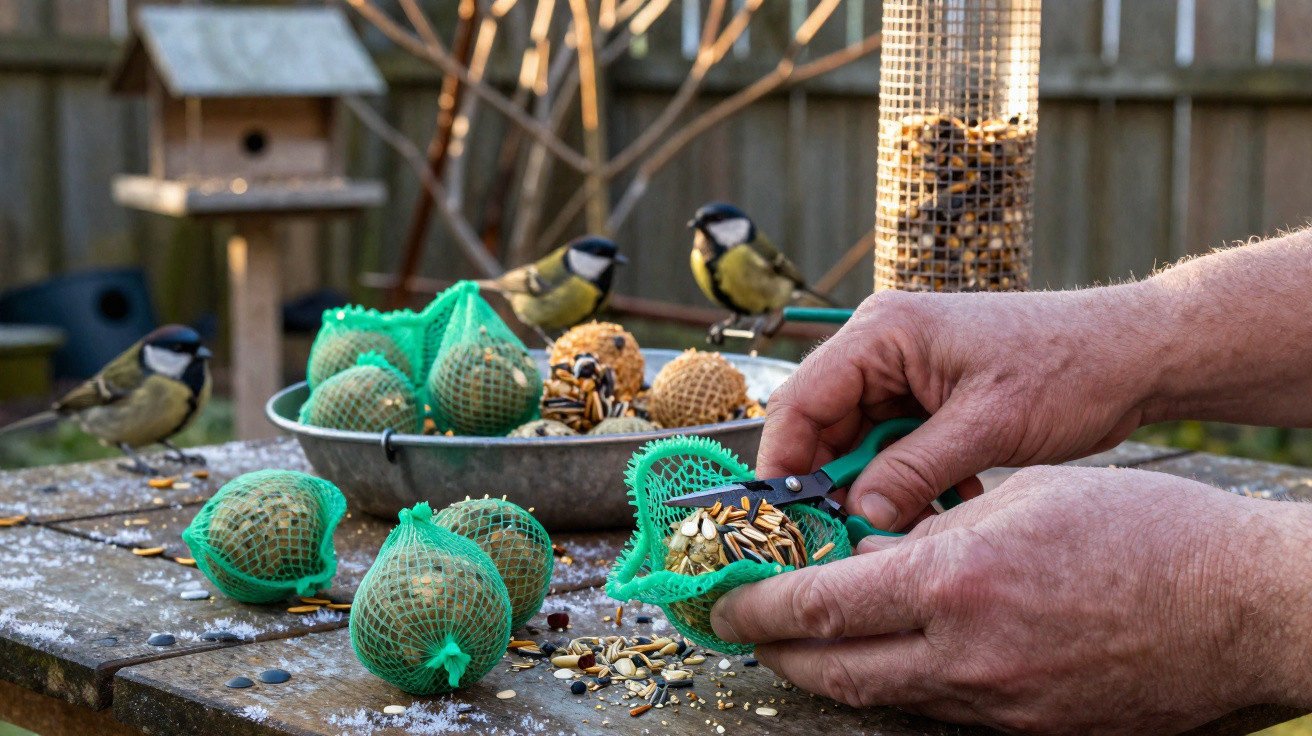 Mãos a preparar bolas de comida para pássaros numa mesa exterior com três chapins a observar.