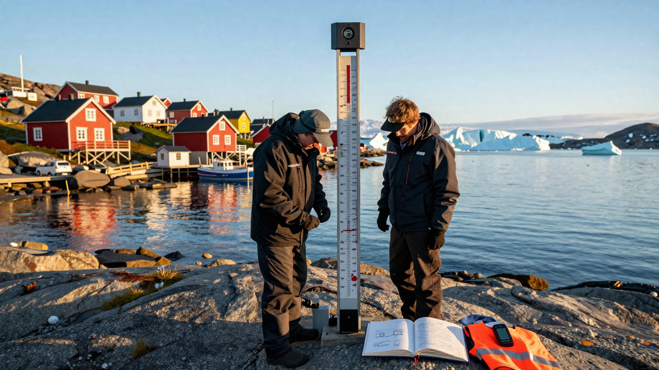 Dois cientistas em roupa de inverno junto a um equipamento de medição costeira, com casas coloridas e icebergues ao fundo.