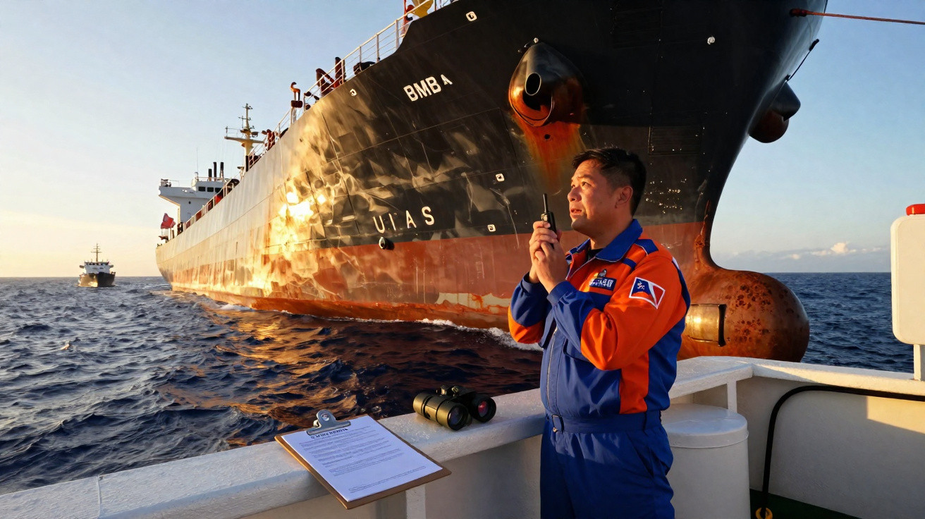 Homem em uniforme azul e laranja comunica por rádio junto a navio cargueiro no mar ao pôr do sol.