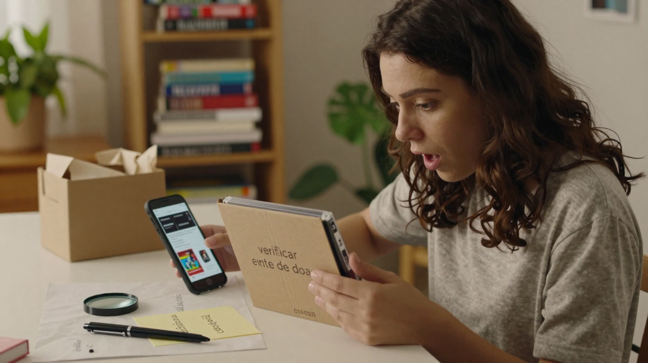 Mulher surpreendida ao usar telemóvel e tablet numa mesa com objetos num ambiente doméstico.
