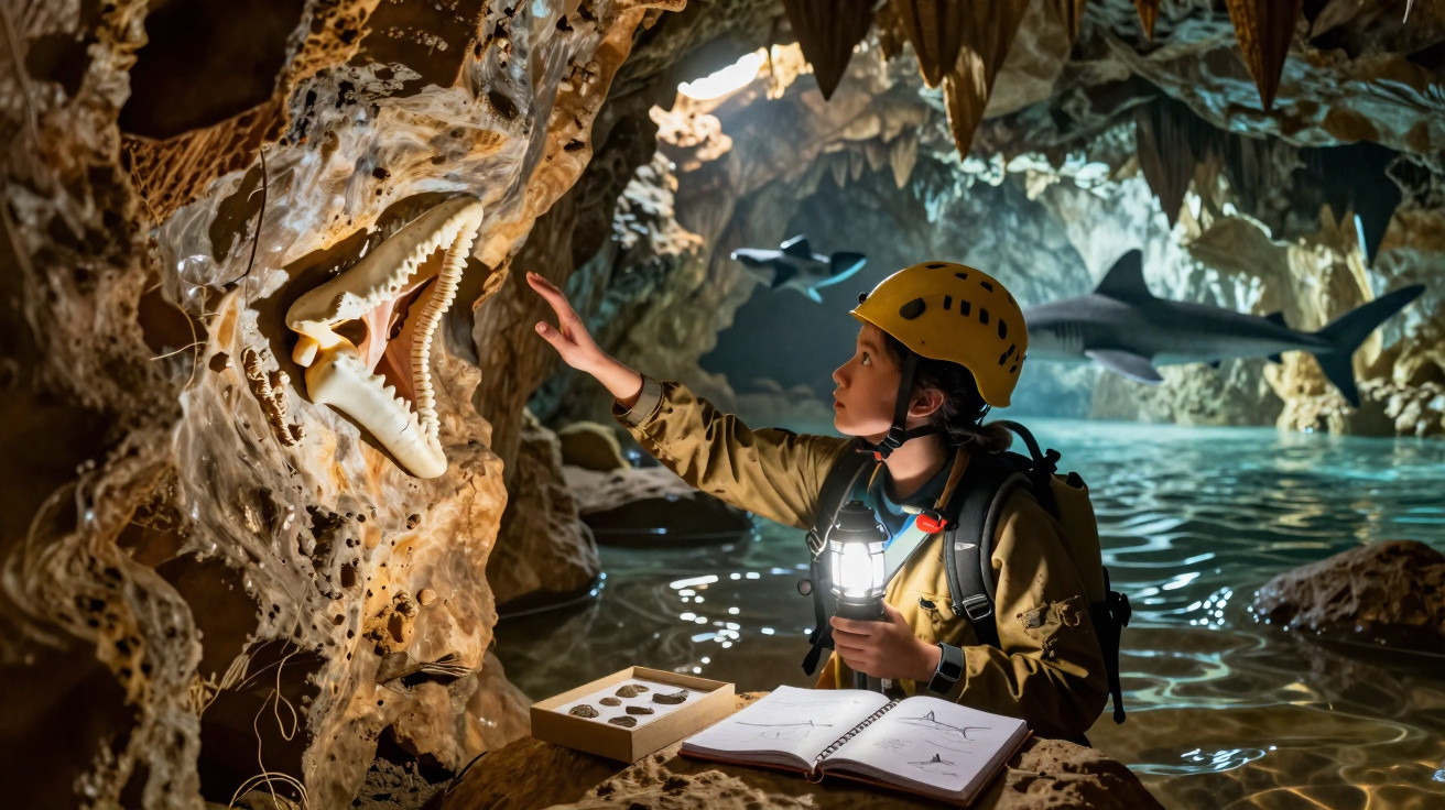 Exploradora com capacete e lanterna observa fósseis numa caverna inundada, com tubarões ao fundo.
