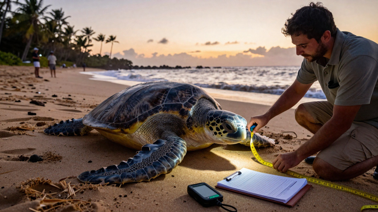 Homem a medir tartaruga-marinha na praia ao pôr do sol, com bloco de notas e dispositivo eletrónico.