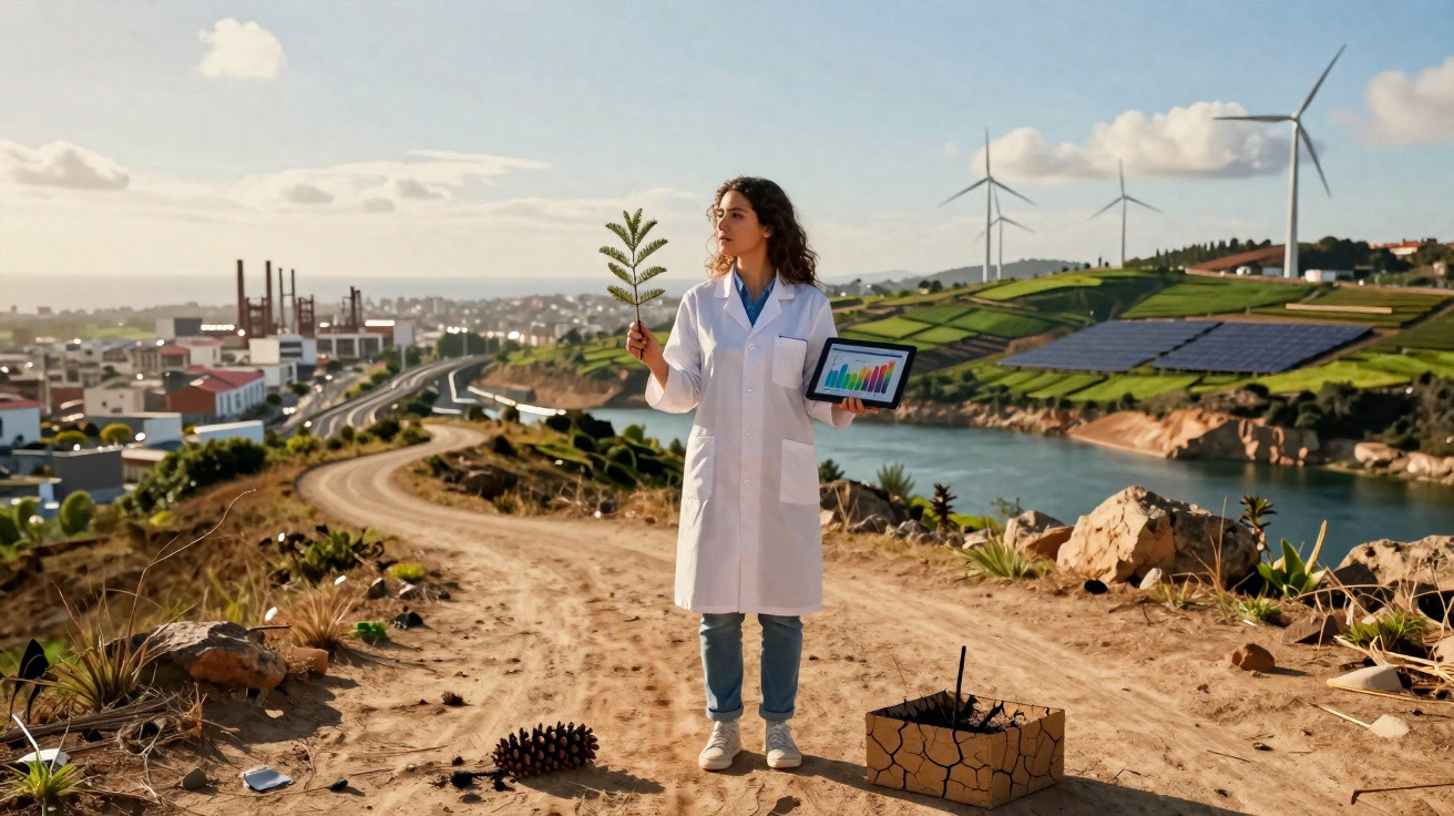 Mulher científica com bata branca segura planta e tablet numa paisagem com turbinas e painéis solares.
