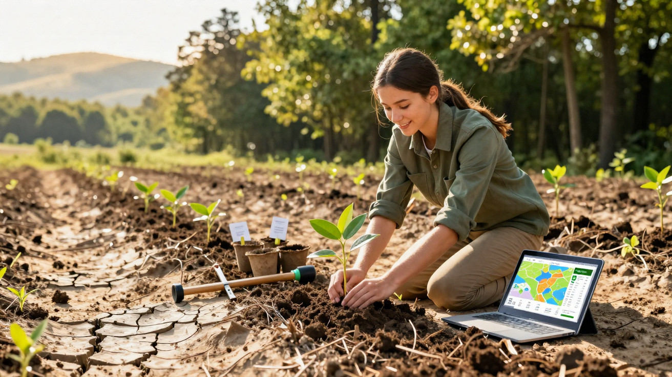 Jovem mulher a plantar uma muda numa exploração agrícola com ferramentas e portátil ao lado.