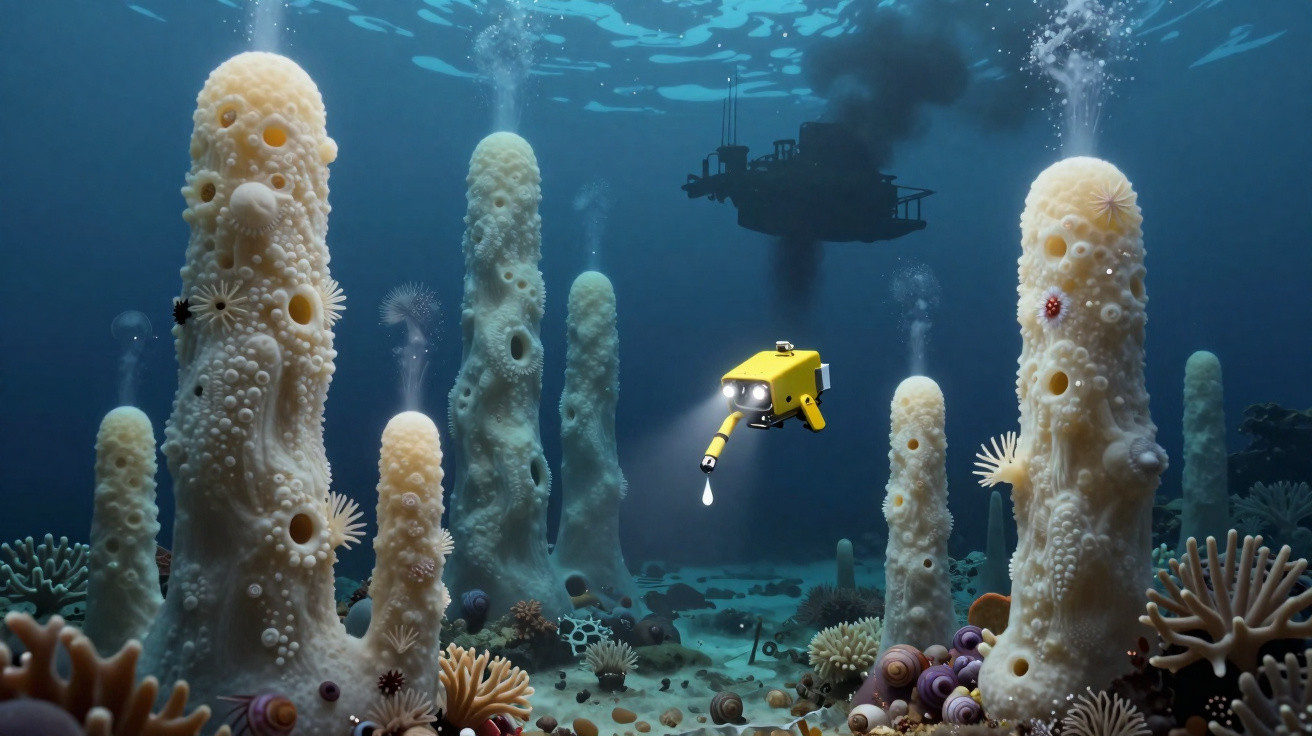 Veículo subaquático amarelo explora colunas de coral branco no oceano, com plataforma petrolífera ao fundo.