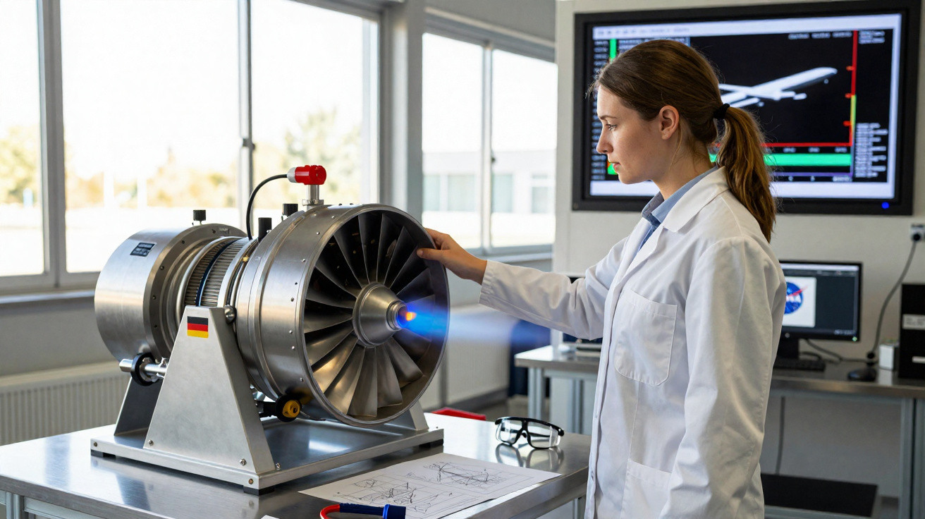 Mulher cientista em laboratório analisa motor a jato com chama azul, perto de monitores com dados técnicos.