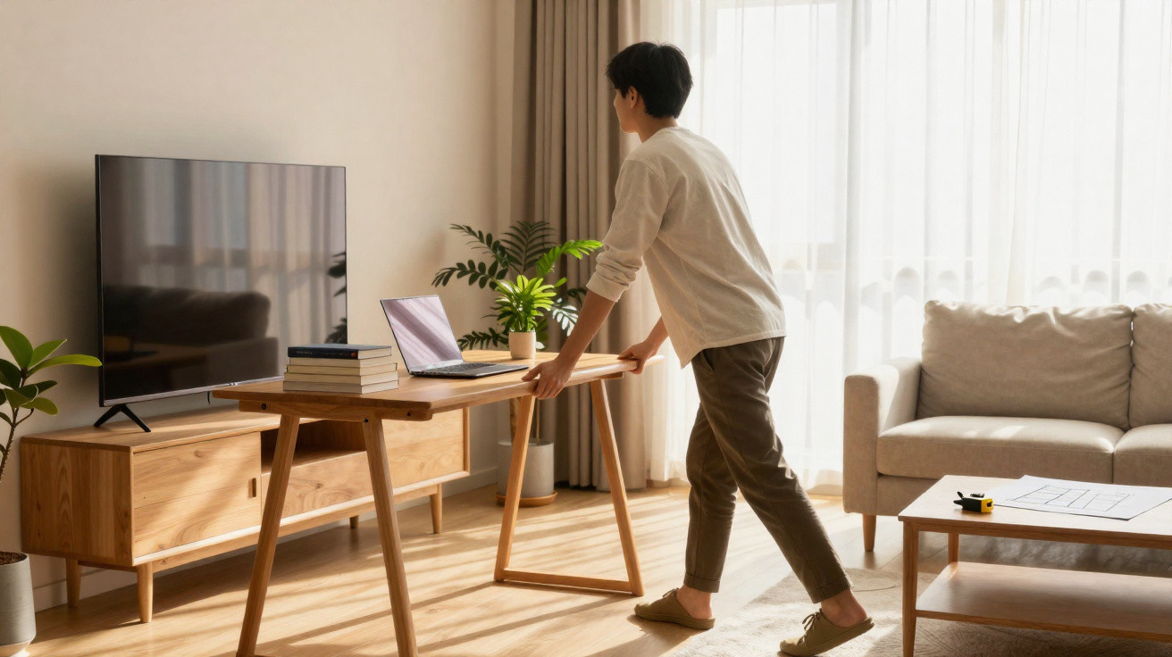 Pessoa a usar laptop num escritório em casa luminoso com móveis em madeira e plantas.