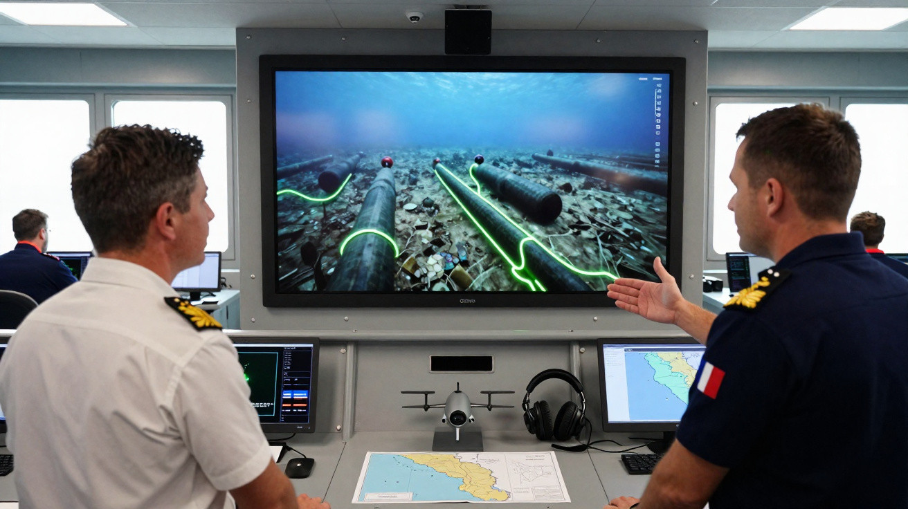 Dois oficiais militares observam um ecrã a mostrar cabos submarinos no fundo do mar.