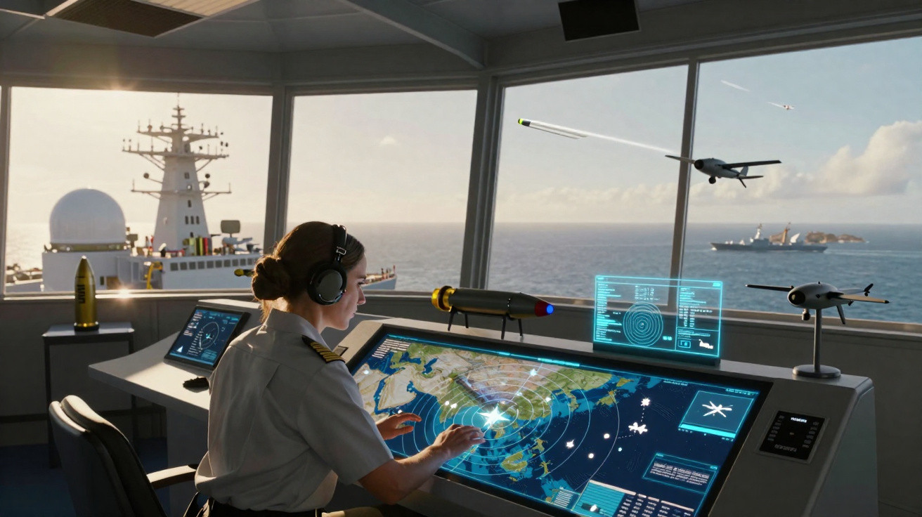 Mulher militar opera painel digital com mapas e drones num posto de comando naval com vista para o mar.