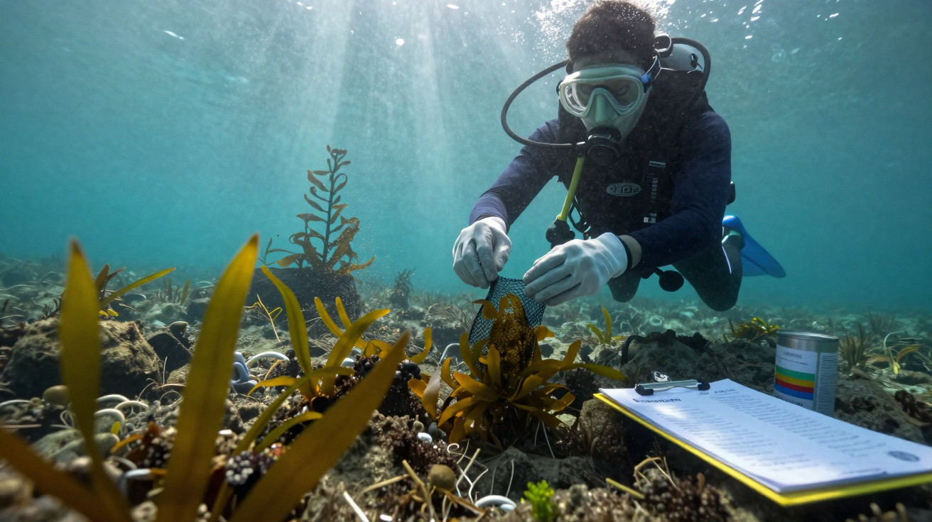 Mergulhador equipado recolhe amostras de plantas aquáticas num ambiente subaquático para estudo ambiental.