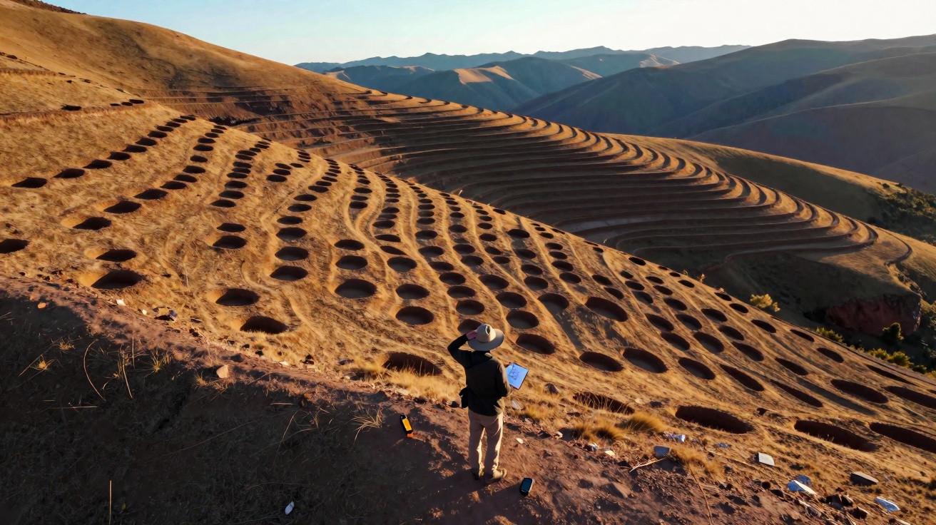 Pessoa de chapéu observa colinas com terraços e buracos circulares em terreno seco ao pôr do sol.