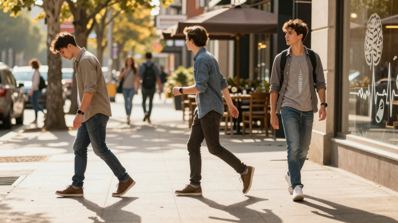 Três jovens homens a caminhar lado a lado numa calçada urbana com árvores e esplanadas ao fundo.