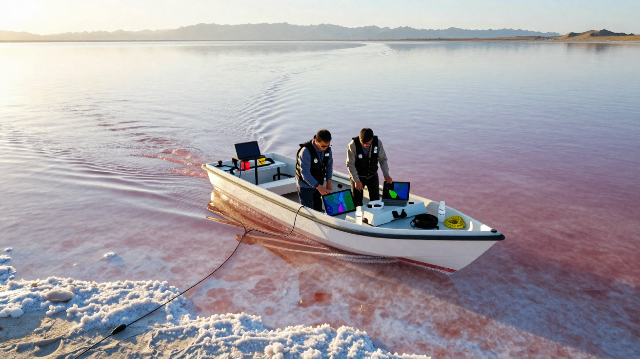 Dois homens em coletes estão num barco branco sobre água rosa rodeada por depósitos de sal.