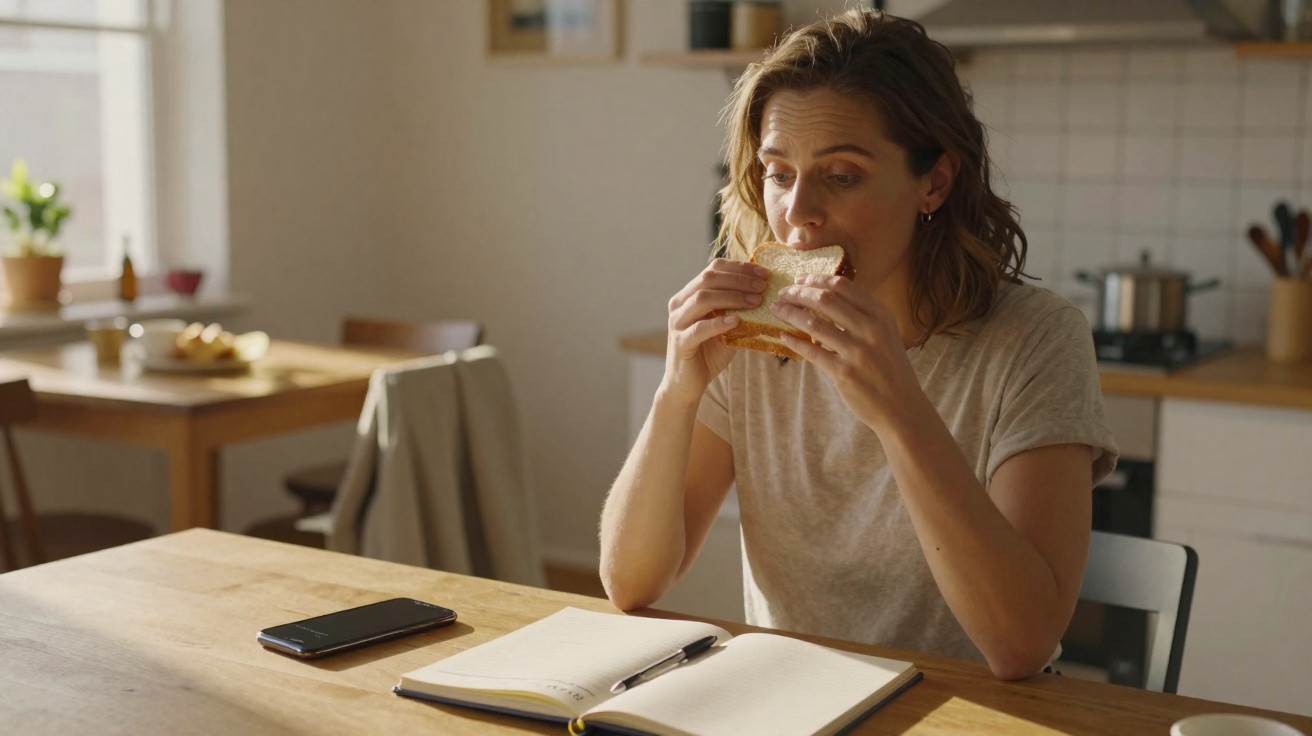 Mulher sentada a uma mesa na cozinha a comer uma sanduíche, com um caderno aberto e telemóvel à frente.
