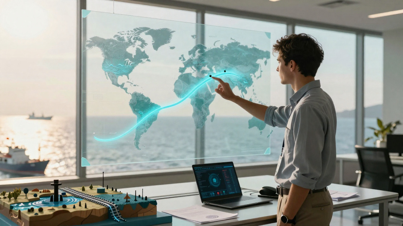 Homem interage com mapa digital holográfico num escritório moderno com vista para o mar.