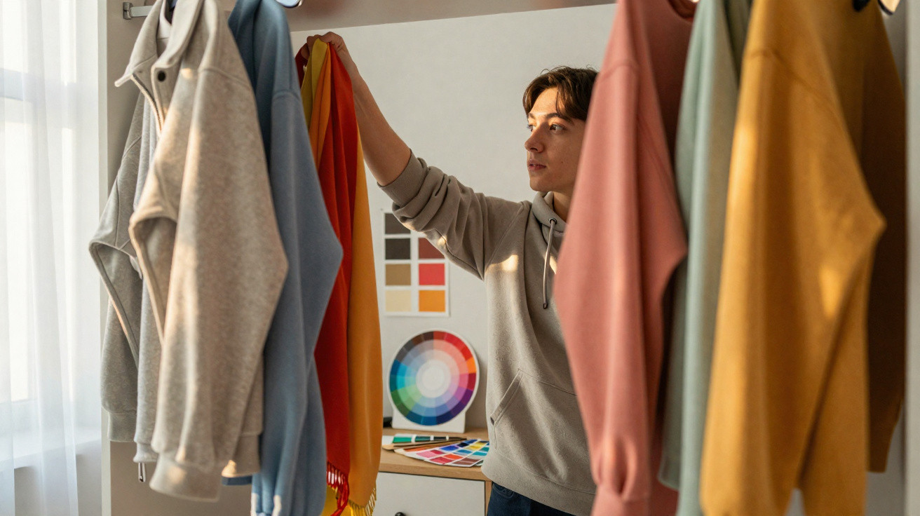 Pessoa a escolher peças de roupa coloridas num armário com amostras de cor ao fundo.