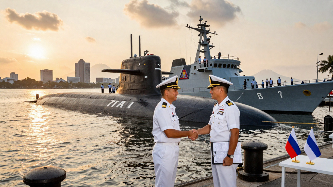 Dois oficiais navais apertam as mãos junto a um submarino e um navio de guerra no Porto ao pôr do sol.