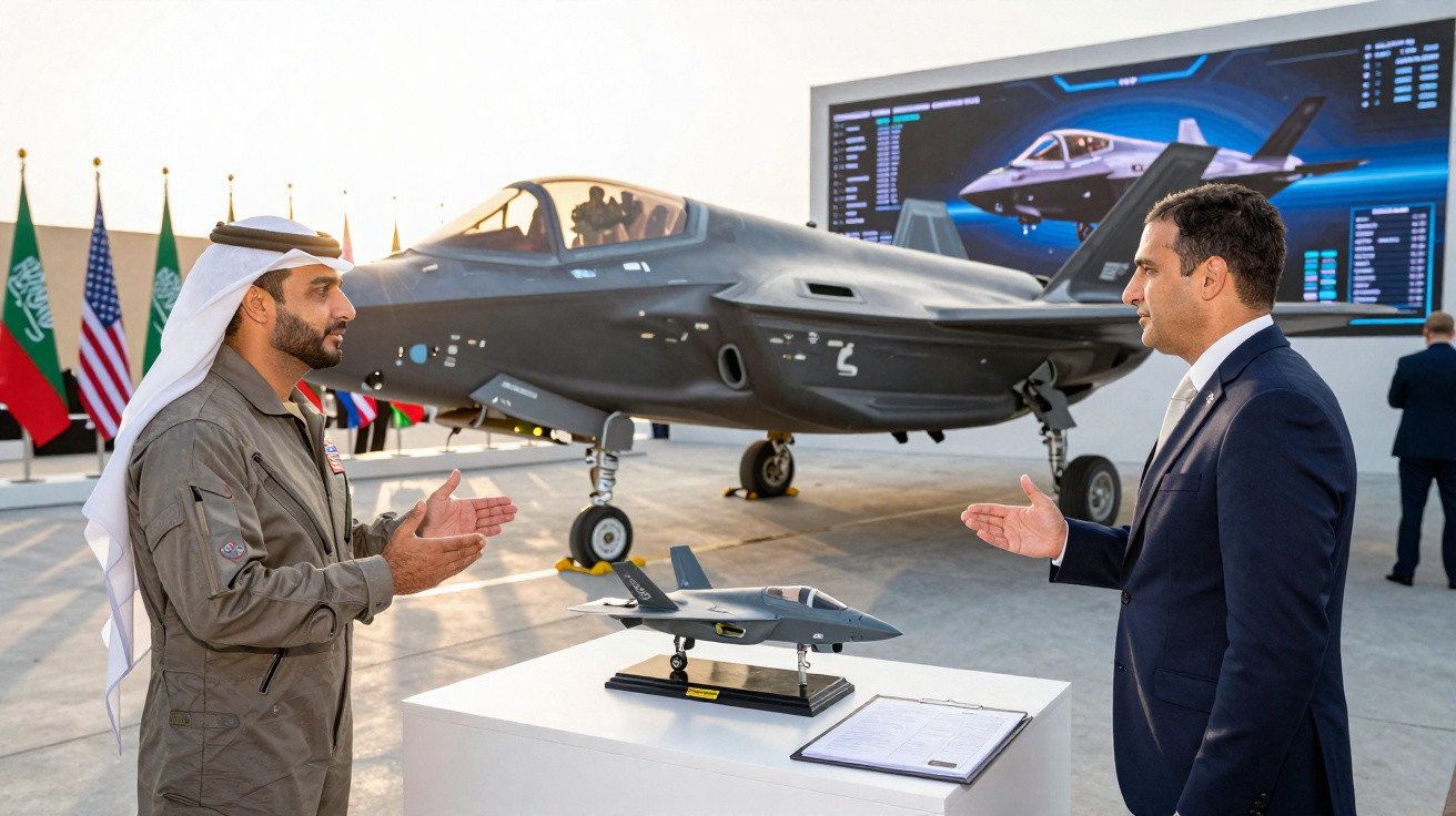 Dois homens discutem diante de um caça F-35 exposto, com uma maquete na mesa entre eles e bandeiras ao fundo.