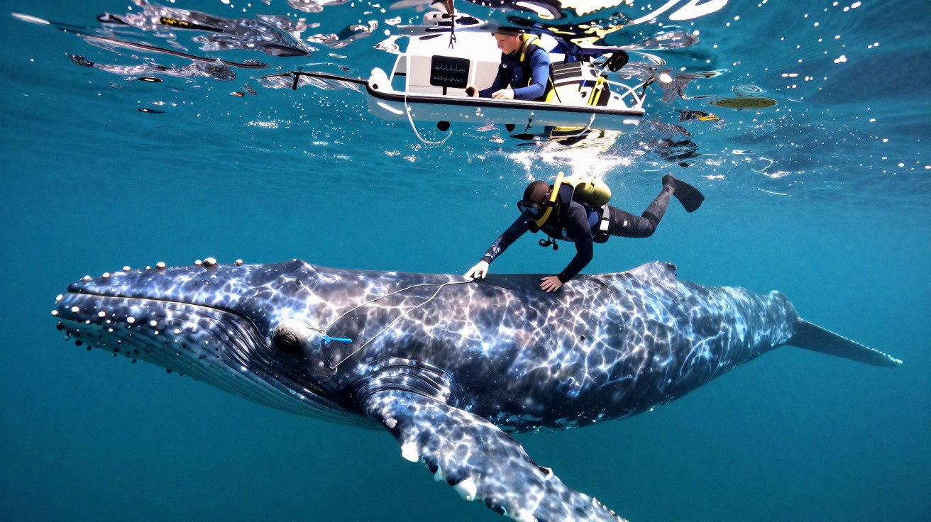 Mergulhador a investigar uma baleia azul submersa, com barco e equipamento de monitorização na superfície.