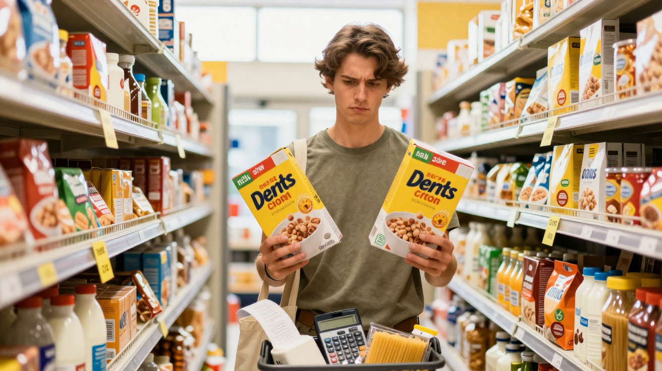 Jovem em supermercado compara dois pacotes de cereais Dents Citron enquanto faz compras.