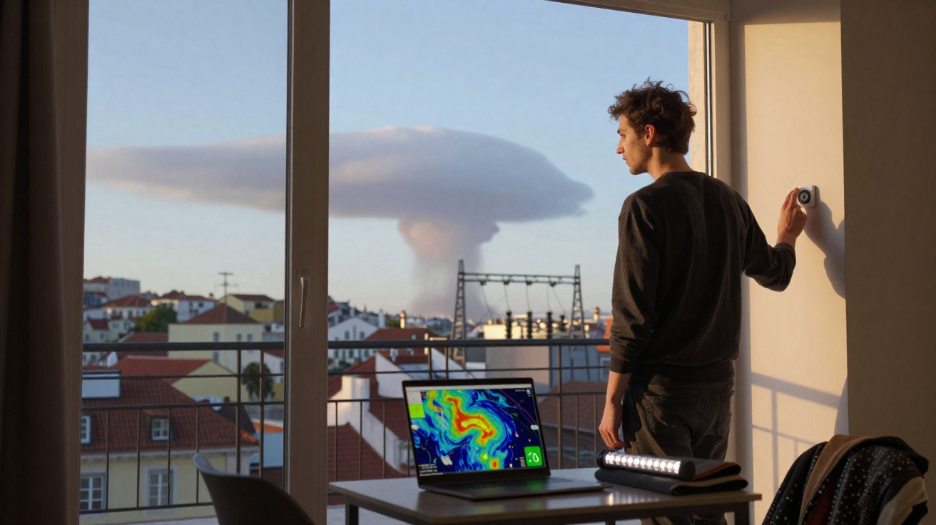 Homem ajusta termostato com vista para cidade e nuvem com formato estranho no céu ao fundo.