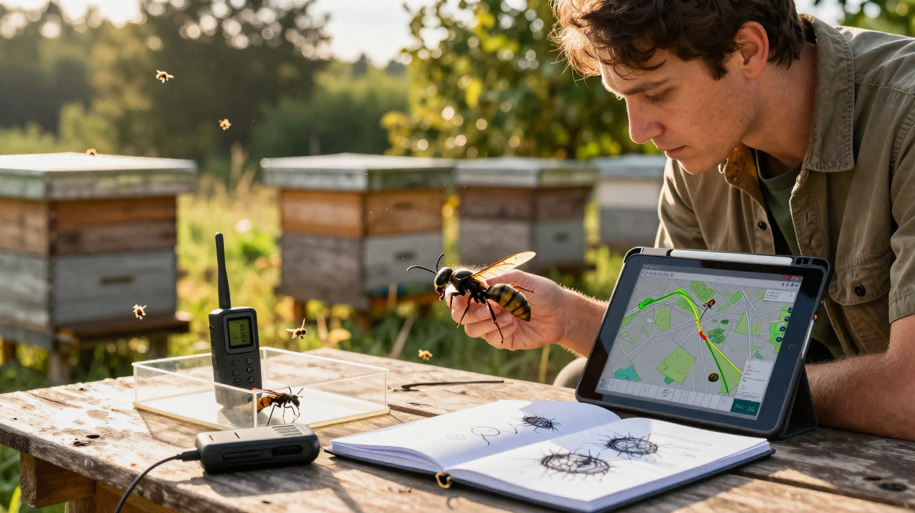 Homem a analisar uma abelha com colmeias, aparelho de comunicação, caderno e tablet com mapa num ambiente exterior.