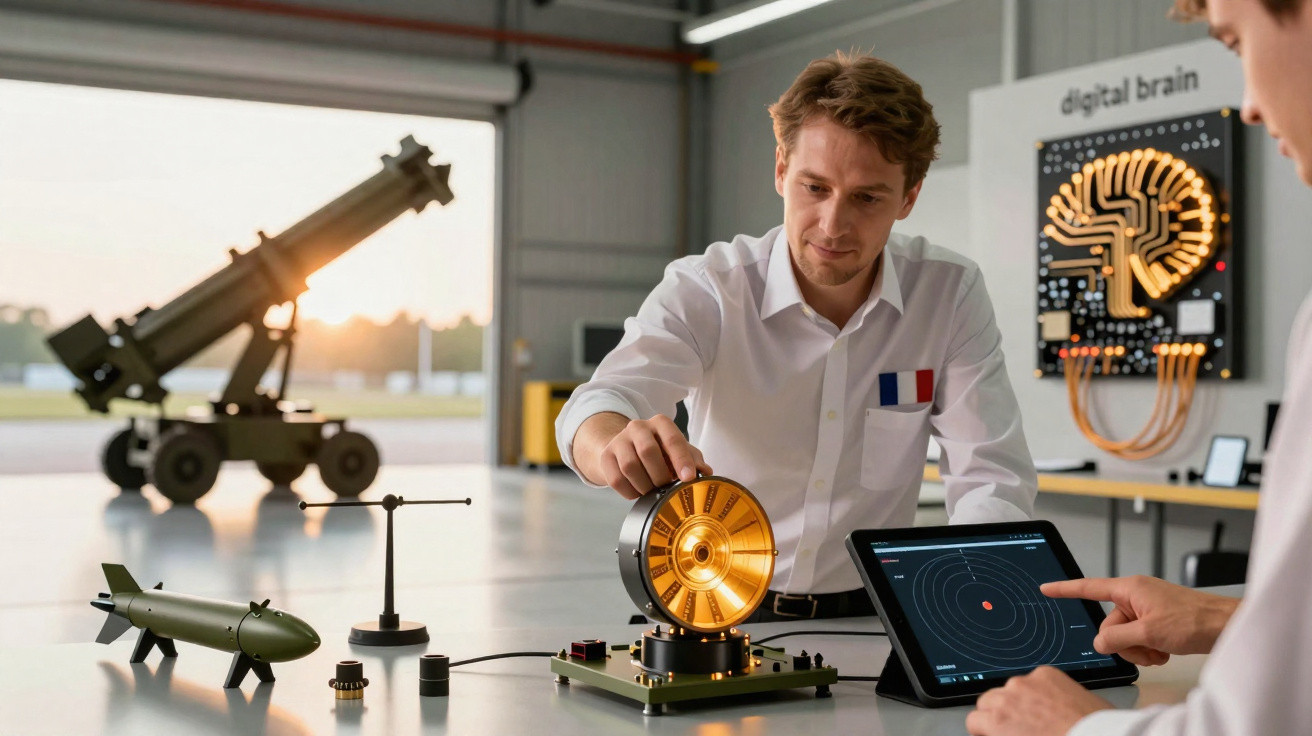 Dois homens analisam equipamento tecnológico militar numa mesa com radar, tablet e modelos de armamento.