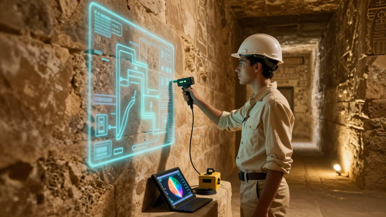 Arqueólogo com capacete usa scanner e holograma para analisar parede antiga num túnel subterrâneo.