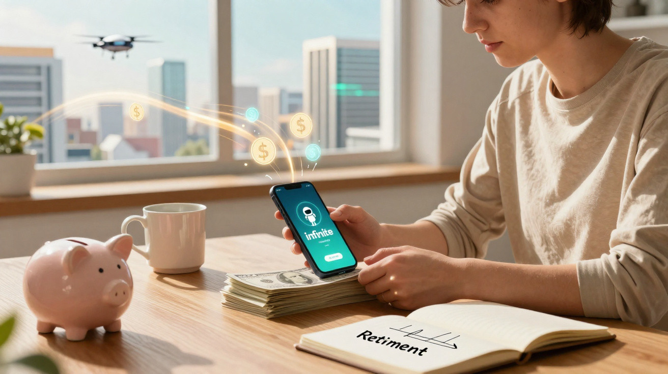 Pessoa a usar telemóvel para gestão financeira, com cofrinho, caderno e notas de dólar numa mesa junto a uma janela.