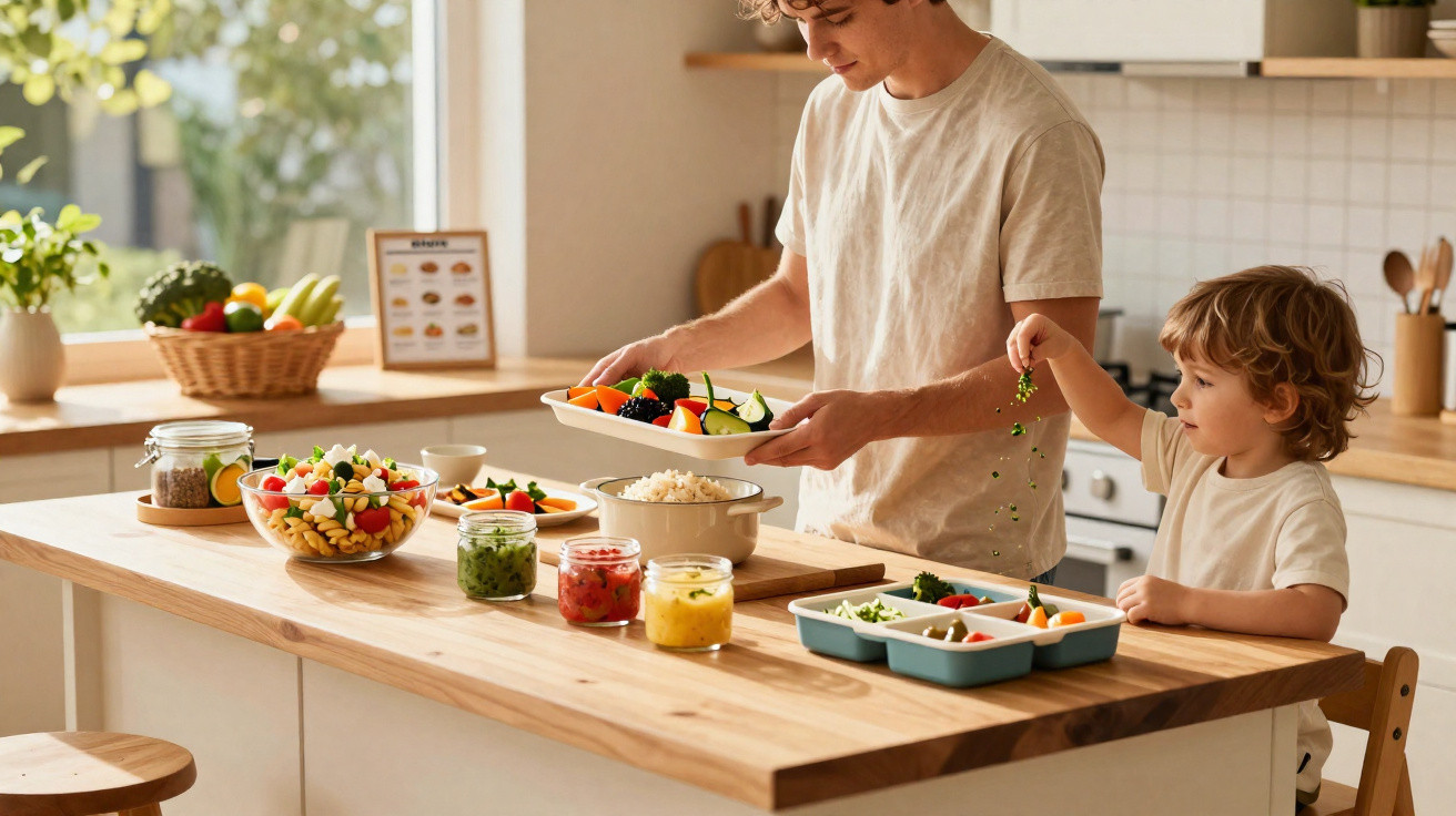 Pai e filho a preparar uma refeição saudável com legumes e saladas na cozinha luminosa e moderna.