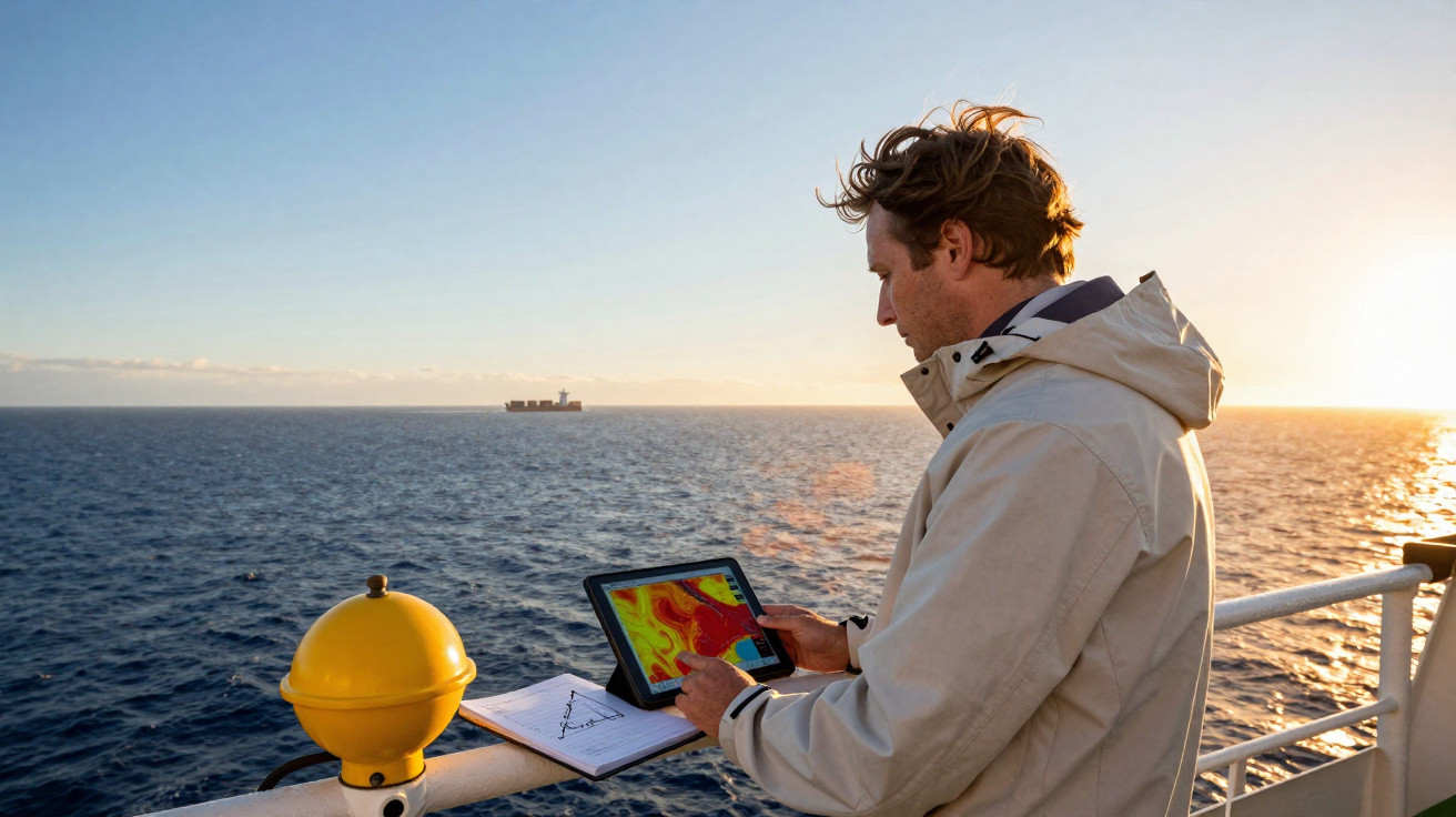 Homem a usar tablet com mapas meteorológicos a bordo de um navio ao pôr do sol.