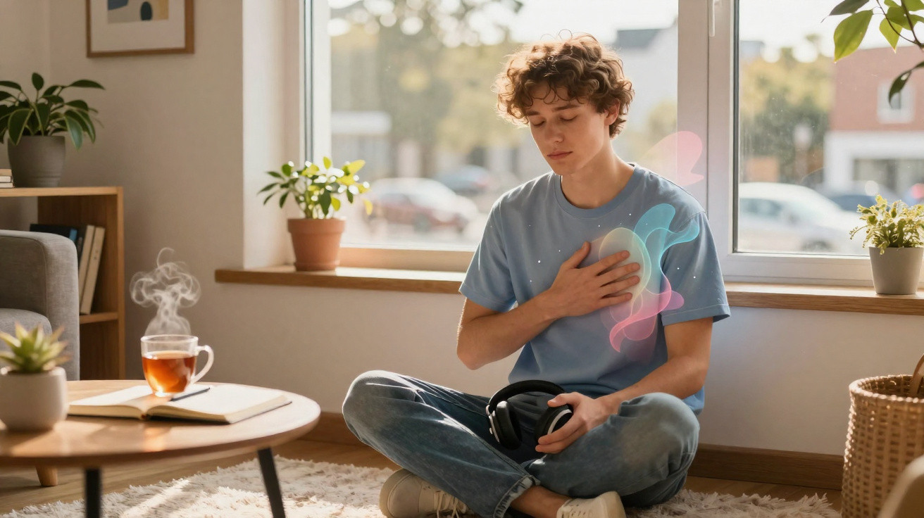 Jovem sentado no chão a meditar, segurando o peito com uma mão e auscultadores na outra, luz natural.