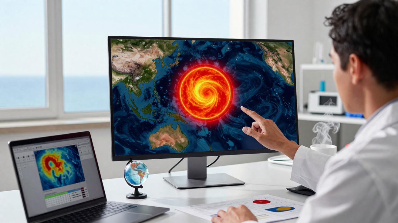 Cientista analisa ciclone tropical numa simulação por computador numa sala iluminada e com vista para o mar.
