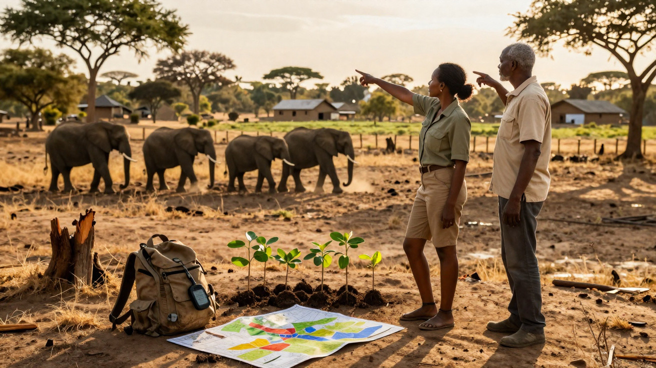 Dois exploradores na savana observam uma manada de elefantes com um mapa e mochila no chão.