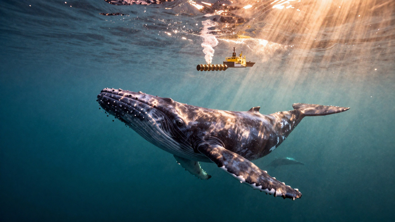 Baleia submersa perto da superfície do mar com barco e luz solar a penetrar a água.