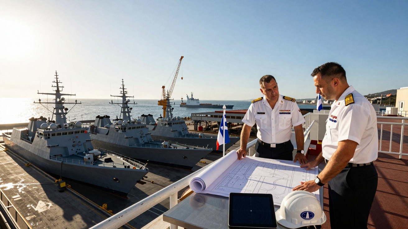 Dois oficiais navais analisam plantas junto a três navios de guerra atracados ao pôr do sol.