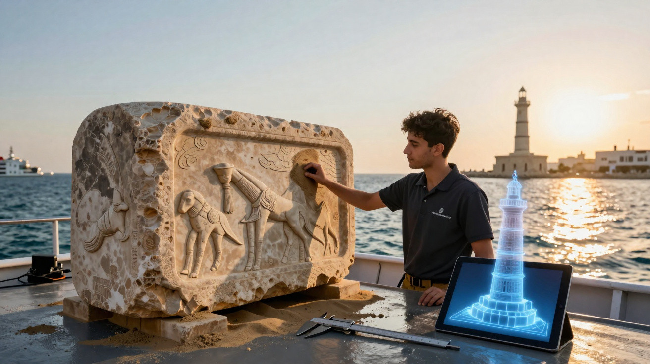 Homem examina escultura antiga de pedra perto do mar com modelo digital de farol numa tabela ao pôr do sol.