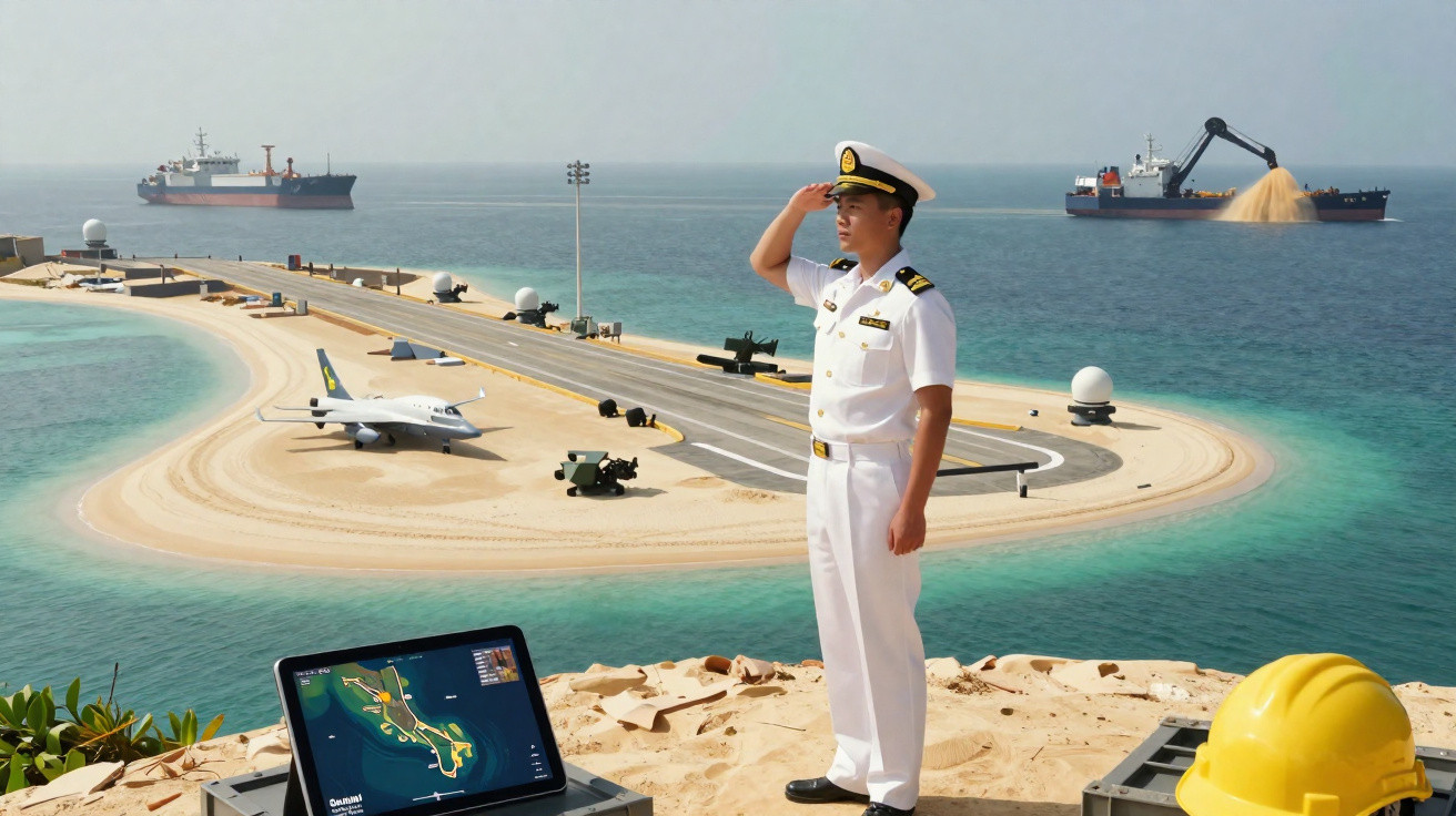 Militar naval em farda branca cumprimentando na ilha artificial com pista e avião, navios no mar ao fundo.